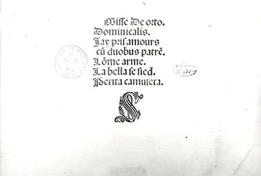 Pagina del titolo di una messa pubblica eseguita a Venezia stampata da Ottaviano Petrucci (1466-1539) 1505